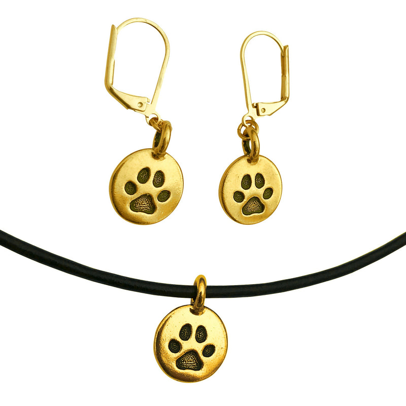 Dragonweave Paw Circle Charm Necklace and Earring Set, Gold Plated Black Leather Choker and Leverback Earrings