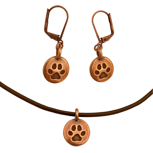 Dragonweave Paw Circle Charm Necklace and Earring Set, Antique Copper Brown Leather Choker and Leverback Earrings