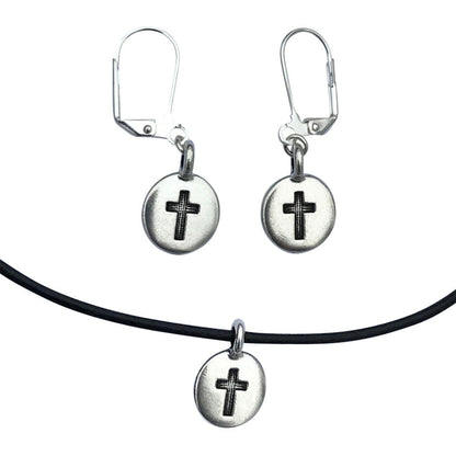 Dragonweave Cross Circle Charm Necklace and Earring Set, Silver Plated Black Leather Choker and Leverback Earrings