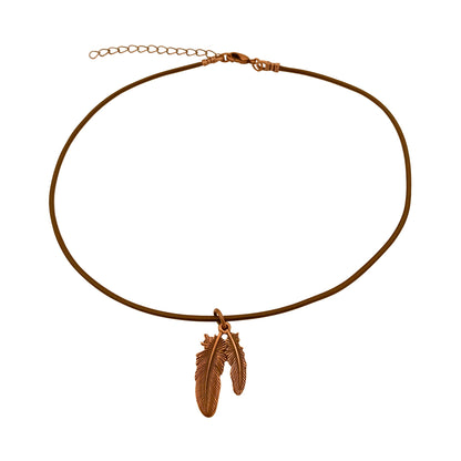 Dragonweave Feather Charm Necklace and Earring Set, Antique Copper Brown Leather Choker and Leverback Earrings