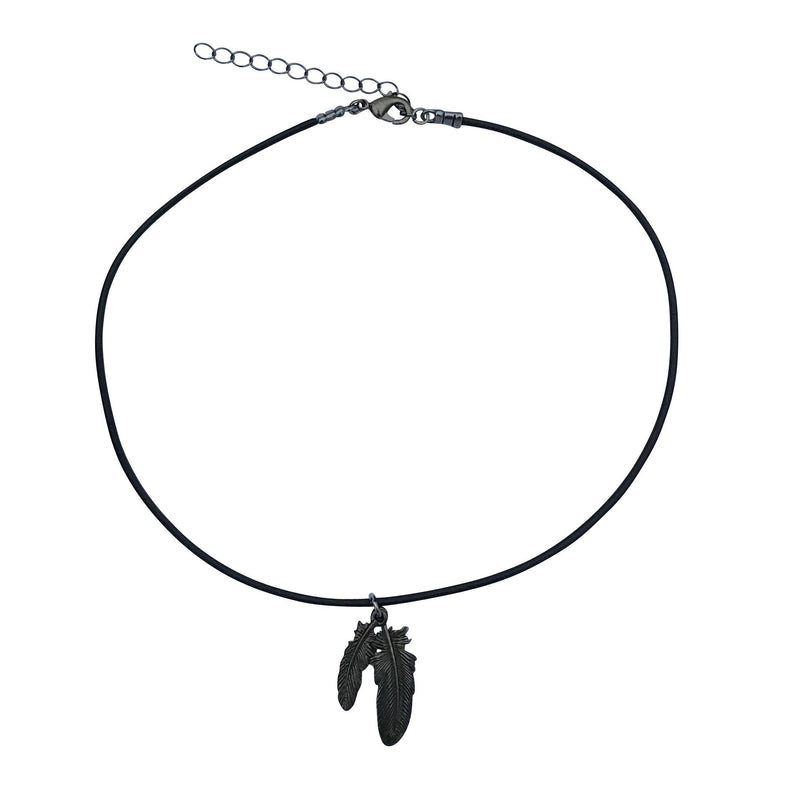 Dragonweave Raven Feather Charm Necklace and Earring Set, Gunmetal Black Leather Choker and Leverback Earrings