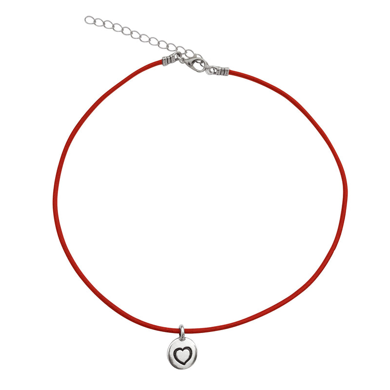 Dragonweave Heart Circle Charm Necklace and Earring Set, Silver Plated Red Leather Choker and Leverback Earrings