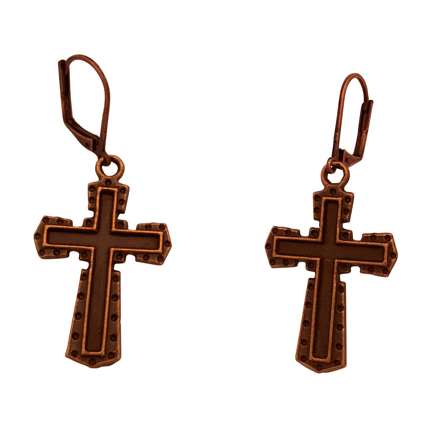 Dragonweave Dark Cross Charm Necklace and Earring Set, Antique Copper Brown Leather Choker and Leverback Earrings