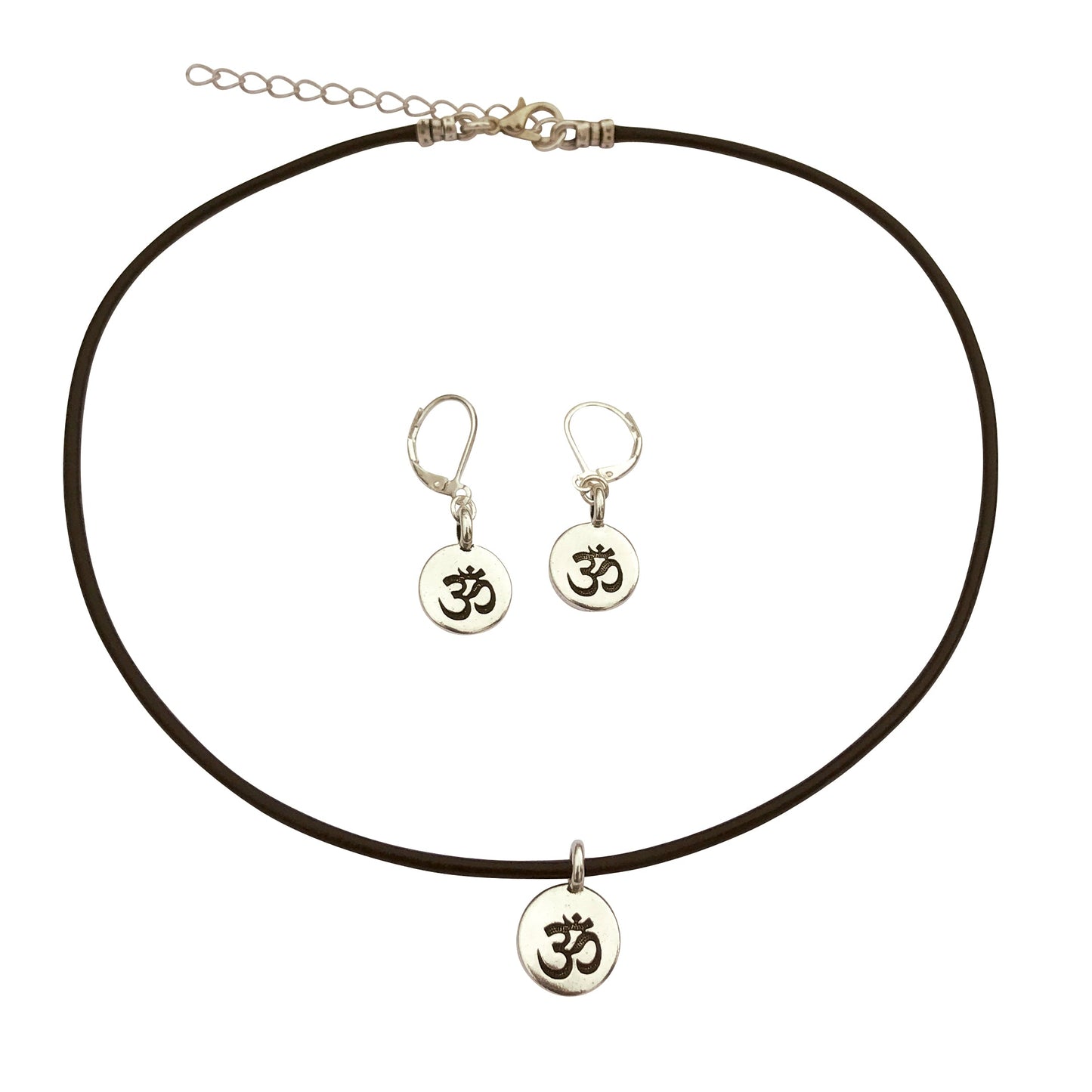 Dragonweave Om/ohm Symbol Circle Charm Necklace and Earring Set, Silver Plated Black Leather Choker and Leverback Earrings