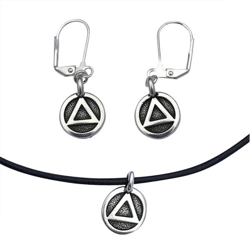 Dragonweave Recovery Triangle Circle Charm Necklace and Earring Set, Silver Plated Black Leather Choker and Leverback Earrings