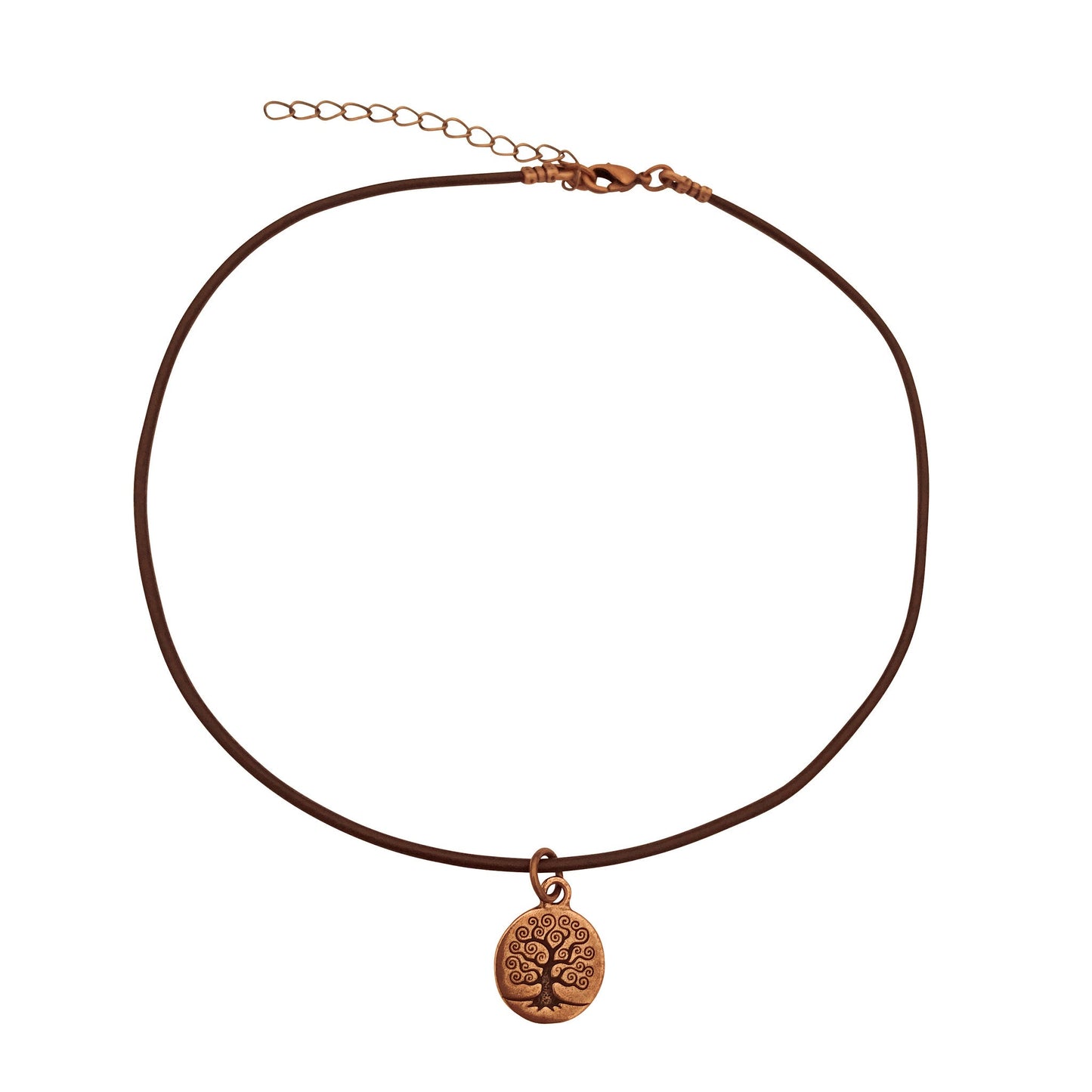 Dragonweave Tree Circle Charm Necklace and Earring Set, Antique Copper Brown Leather Choker and Leverback Earrings
