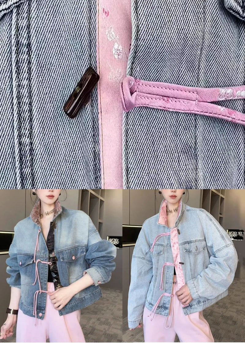 Dark Blue Patchwork Loose Coats Stand Collar Spring Cg1015