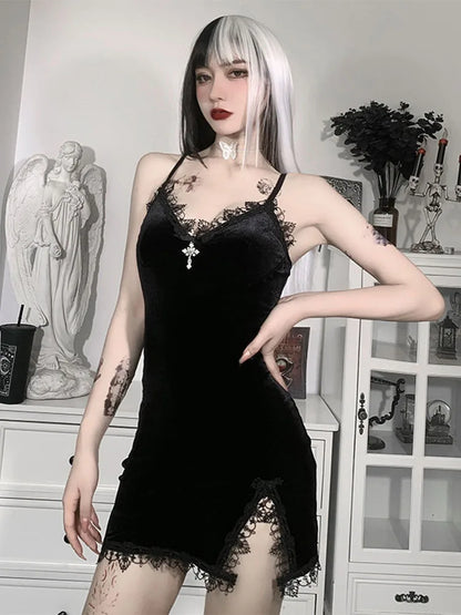 Dark Cross Black Mini Dress Spaghetti Strap High Waist Slit Dresses Goth Party Club Dress