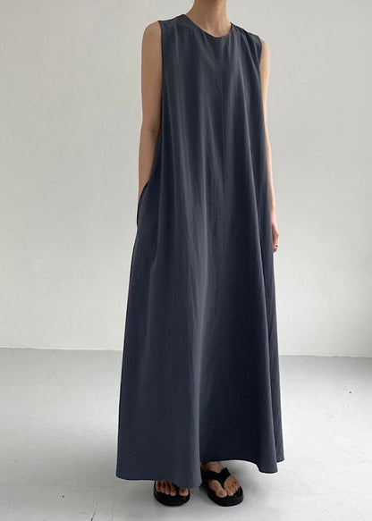Dark Grey Patchwork Cotton Maxi Dress O Neck Sleeveless Lc0443