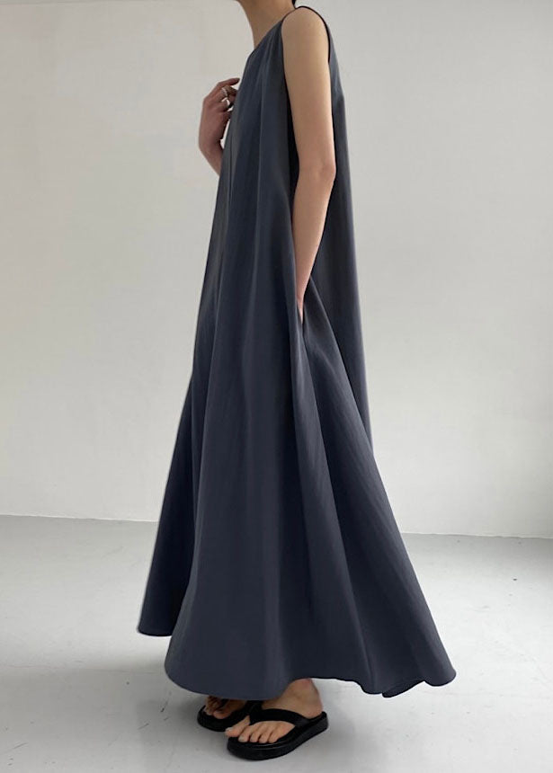 Dark Grey Patchwork Cotton Maxi Dress O Neck Sleeveless Lc0443