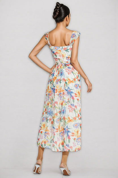 Mylel Orange Flower Waist-cinching Maxi Dress