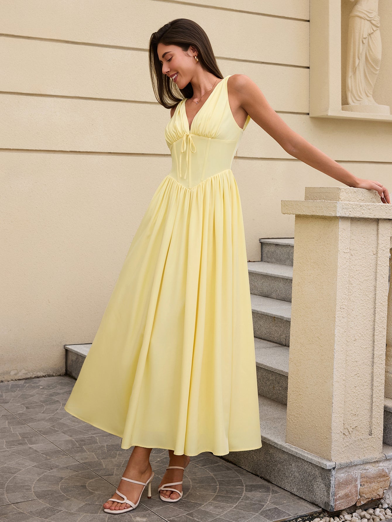 Deep V-neck Bow Tie Ruched Corset Dress With Pockets