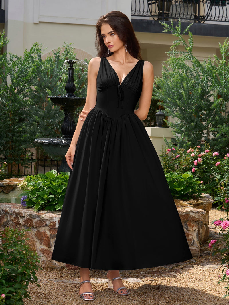 Deep V-neck Bow Tie Ruched Corset Dress With Pockets