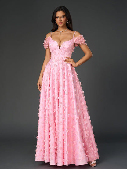 Deep V-neck Crisscross Back Applique Decoration Prom Dress