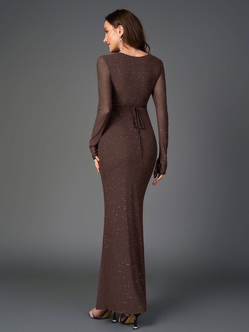 Deep V-neck Crisscross Tie Front Glitter Bodycon Dress