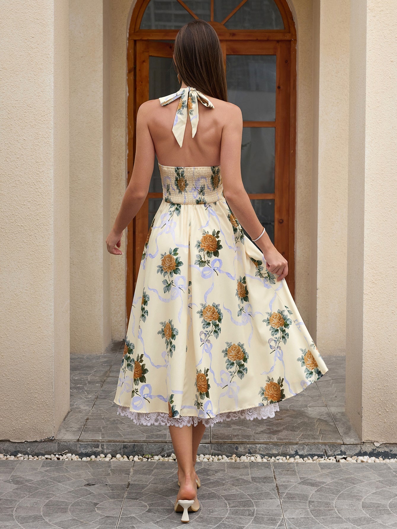 Deep V-neck Halter Lace Spliced Dress