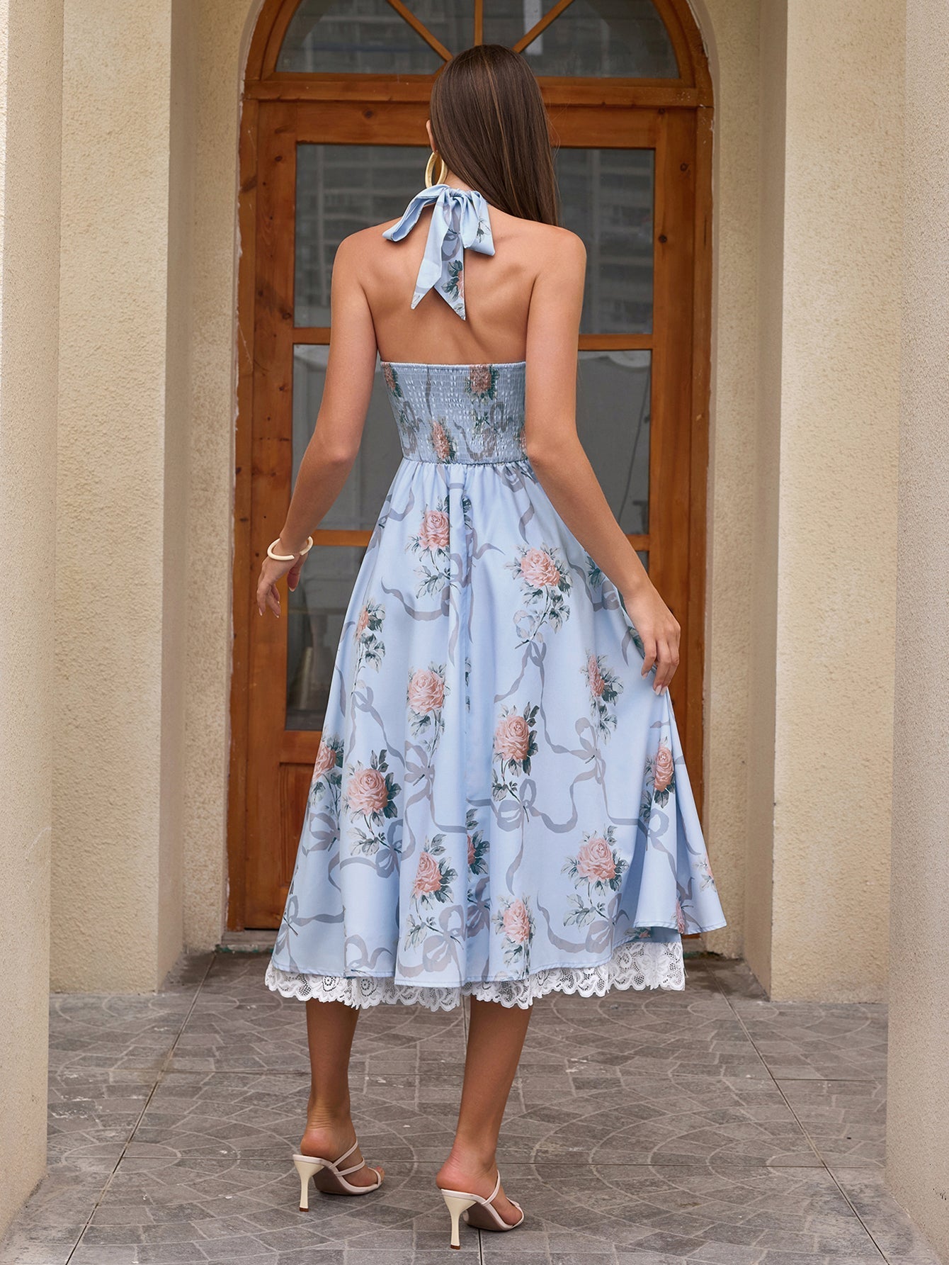 Deep V-neck Halter Lace Spliced Dress