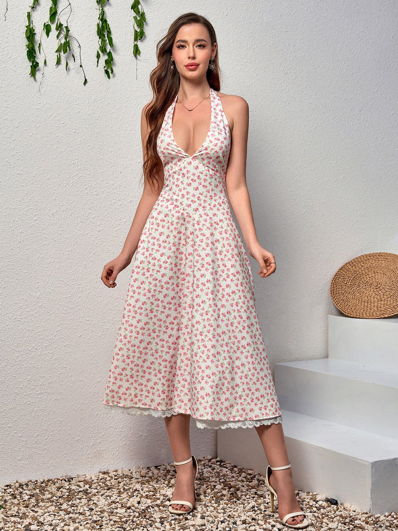Deep V-neck Halter Lace Spliced Dress