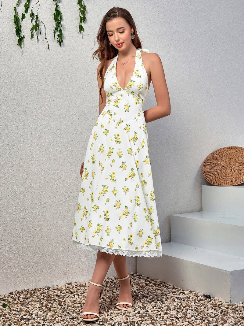 Deep V-neck Halter Lace Spliced Dress