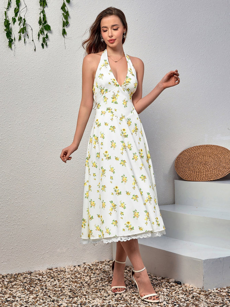 Deep V-neck Halter Lace Spliced Dress