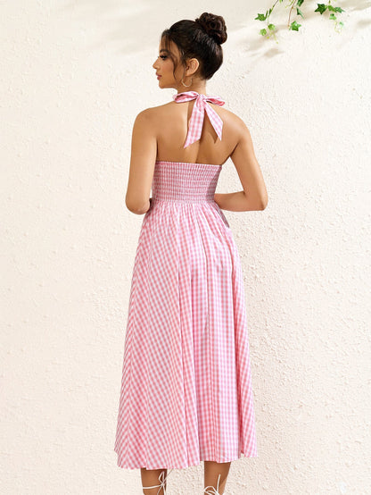 Deep V-neck Halter Plaid Print Dress