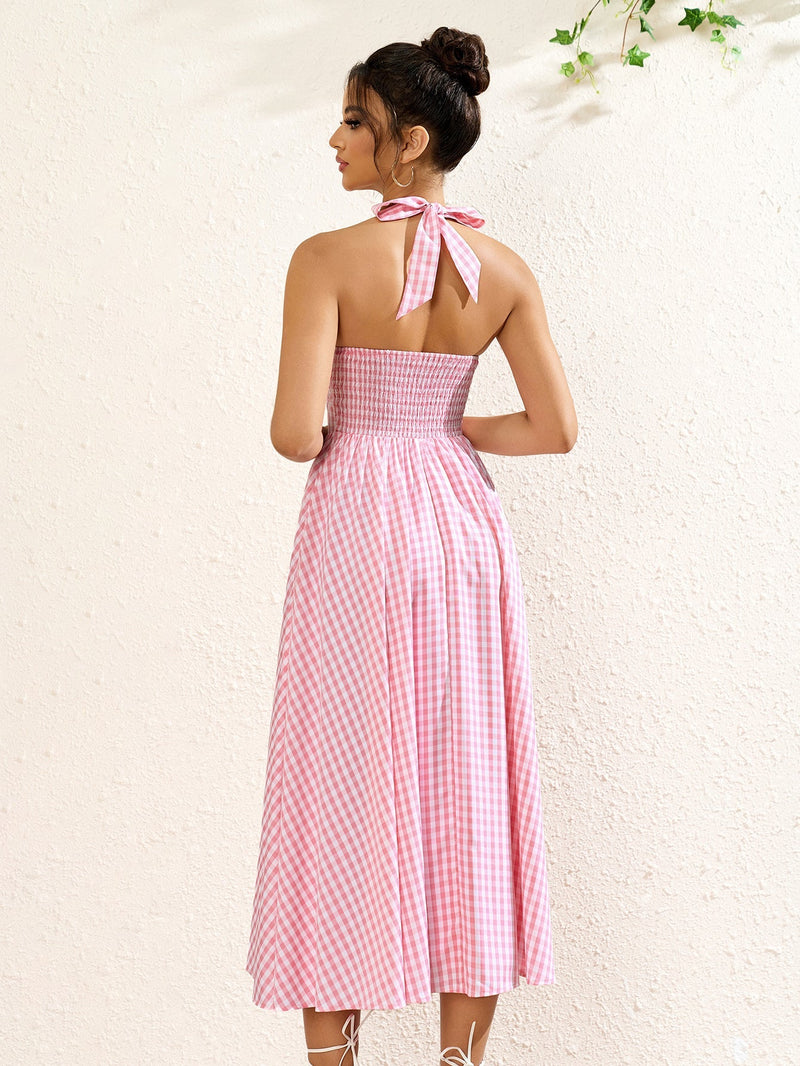 Deep V-neck Halter Plaid Print Dress