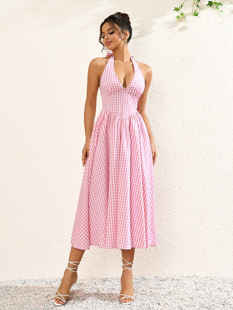 Deep V-neck Halter Plaid Print Dress