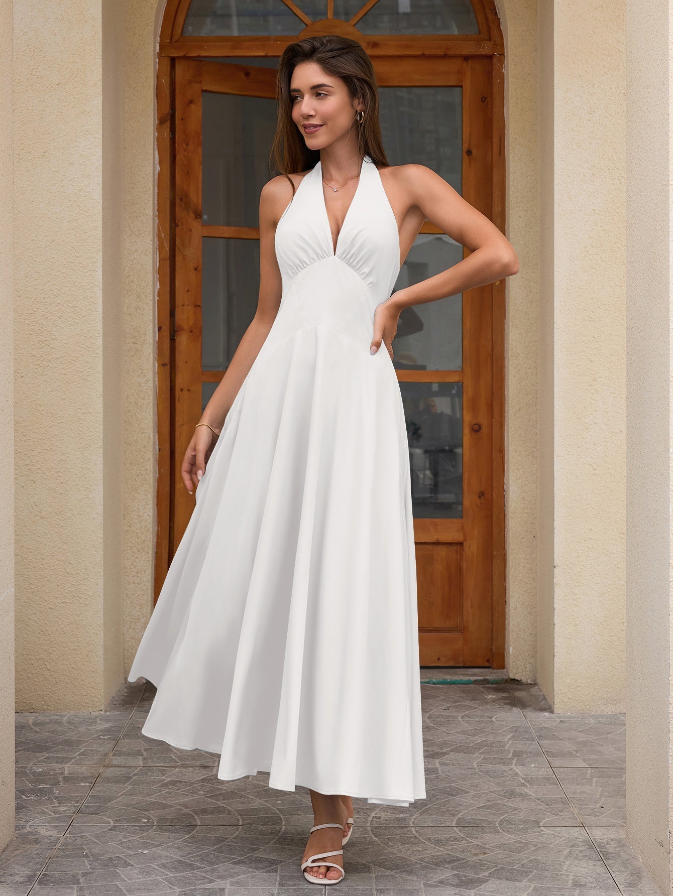 Deep V-neck Halter Ruched Back Dress
