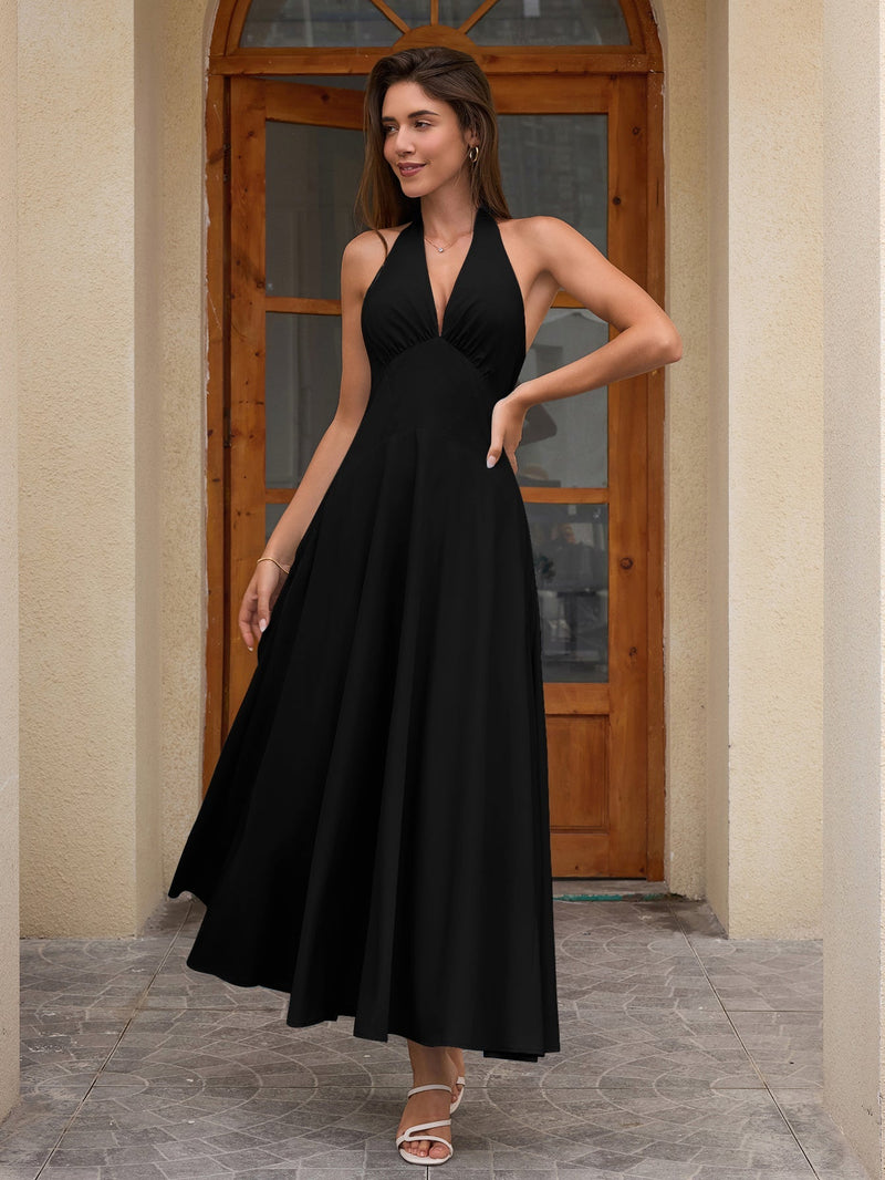 Deep V-neck Halter Ruched Back Dress