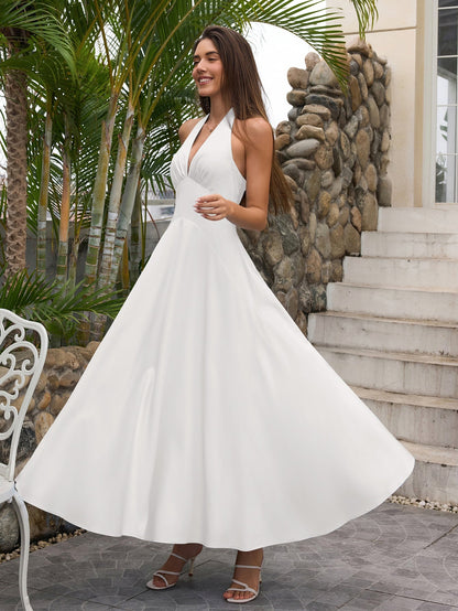 Deep V-neck Halter Ruched Back Dress