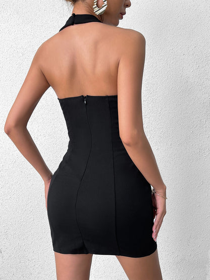Deep V-neck Halter Zipper Back Dress