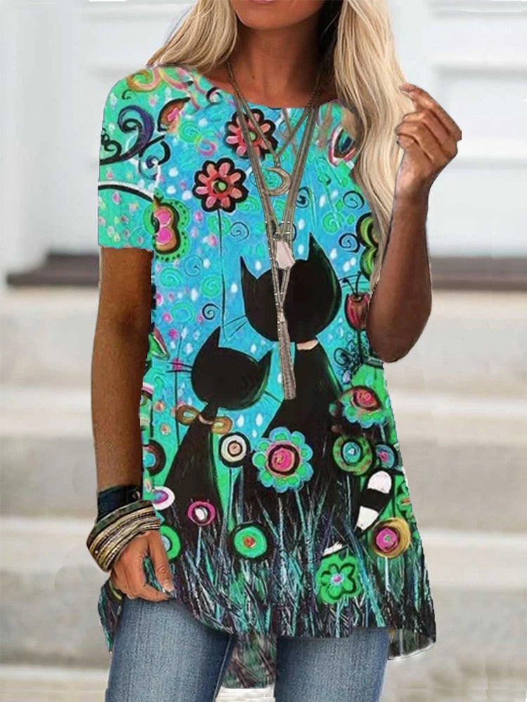 Digital Printed Blouse Short Sleeve Loose Shirt Lady Pullover Shirt