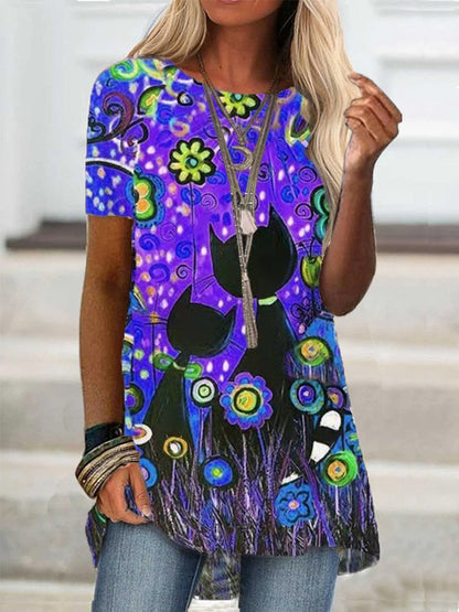 Digital Printed Blouse Short Sleeve Loose Shirt Lady Pullover Shirt