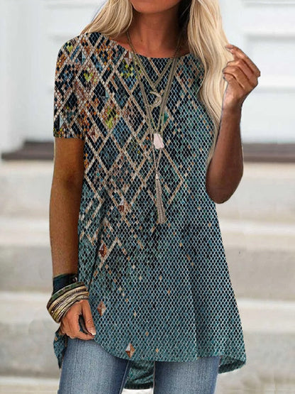 Digital Printed Blouse Short Sleeve Loose Shirt Lady Pullover Shirt