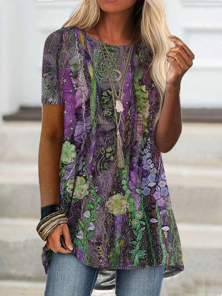 Digital Printed Blouse Short Sleeve Loose Shirt Lady Pullover Shirt