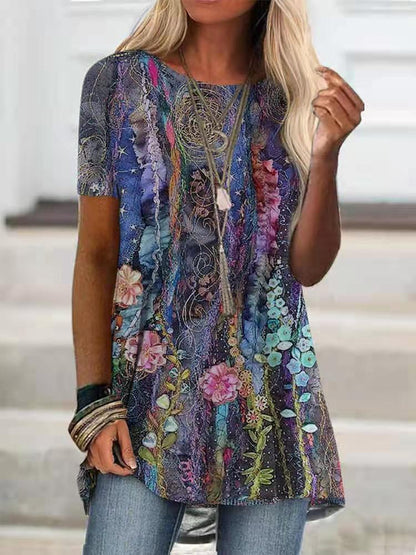 Digital Printed Blouse Short Sleeve Loose Shirt Lady Pullover Shirt