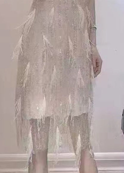 Dinner Beige O-neck Tassel Lace Maxi Dresses Summer Uu1041