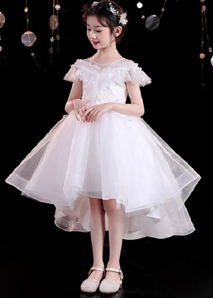 Dinner White O-neck Kids Tulle Party Maxi Dress Summer Xz026