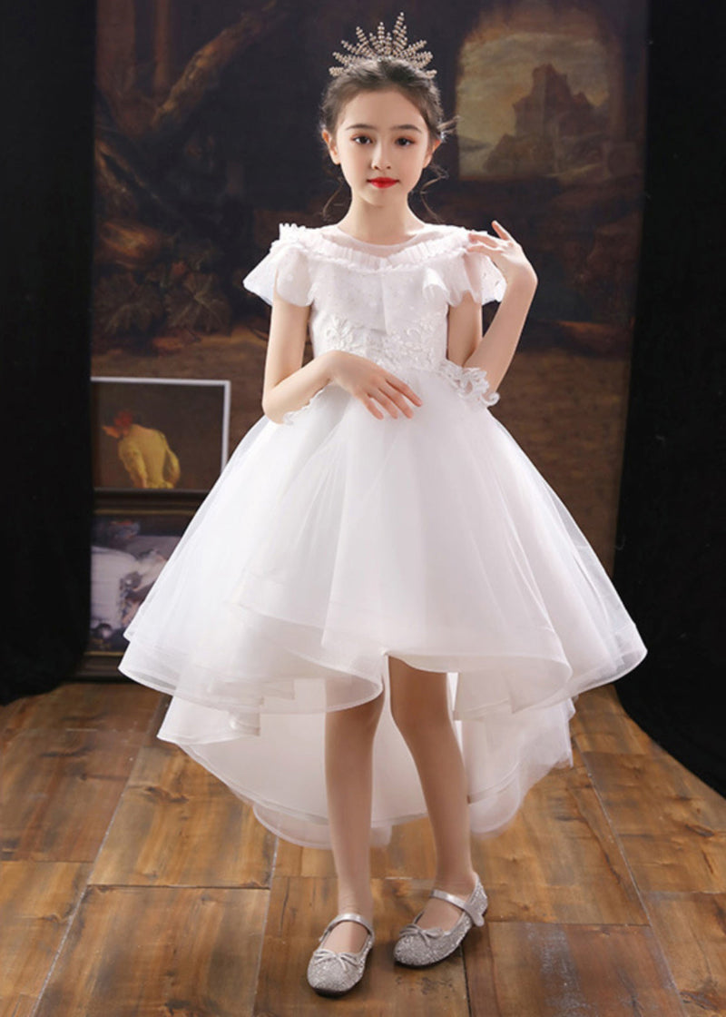 Dinner White O-neck Kids Tulle Party Maxi Dress Summer Xz026