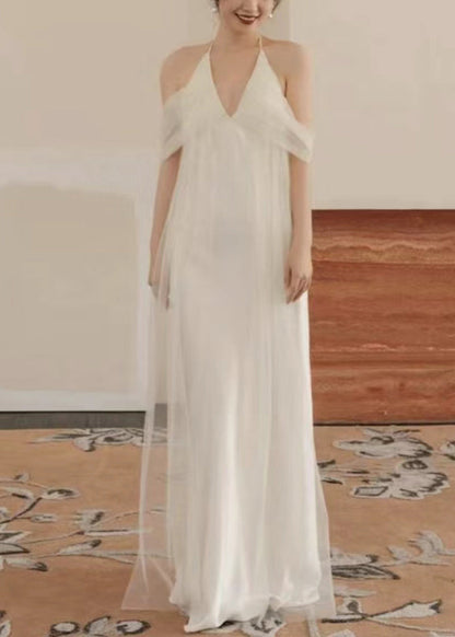 Dinner White V Neck Tulle Patchwork Maxi Dresses Sleeveless Zl057