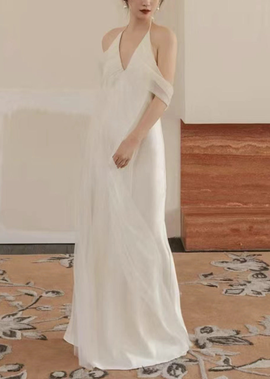 Dinner White V Neck Tulle Patchwork Maxi Dresses Sleeveless Zl057