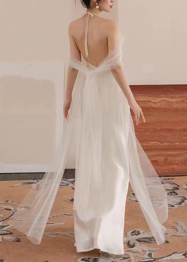 Dinner White V Neck Tulle Patchwork Maxi Dresses Sleeveless Zl057