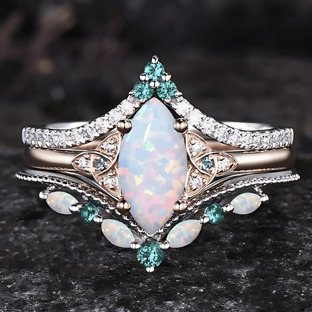 Divine Goddess Opal Triquetra Ring Set