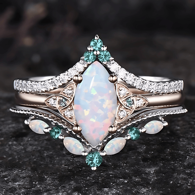Divine Goddess Opal Triquetra Ring Set