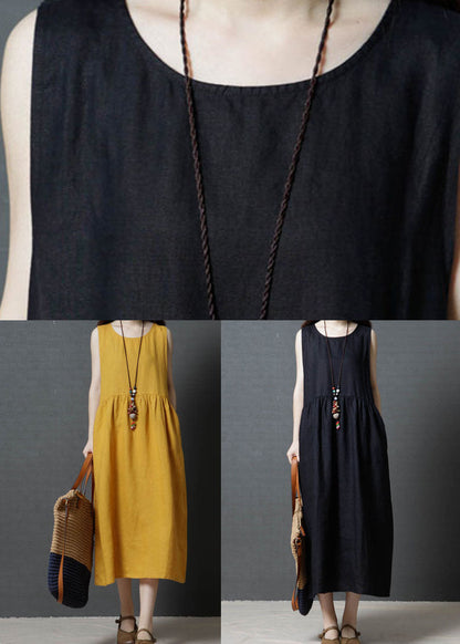 Yellow Patchwork Cotton Long Dress O Neck Wrinkled Sleeveless Lc0451