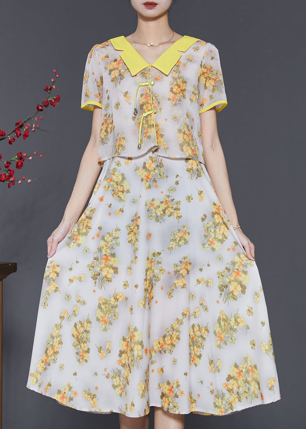 Diy Yellow Tasseled Print Draping Chiffon Long Dress Summer Sd1059