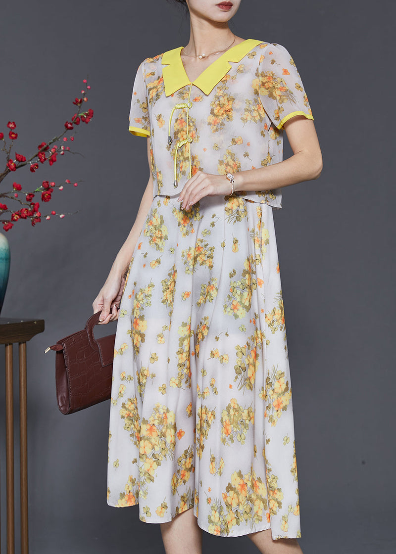 Diy Yellow Tasseled Print Draping Chiffon Long Dress Summer Sd1059