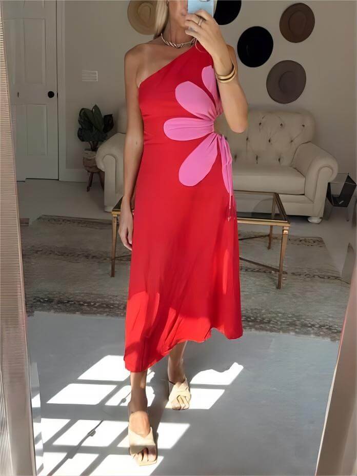 Positioned Print Off-shoulder Midi Dress