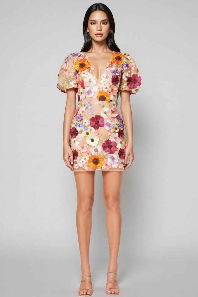Brea V-neck 3d Printed Mini Dress