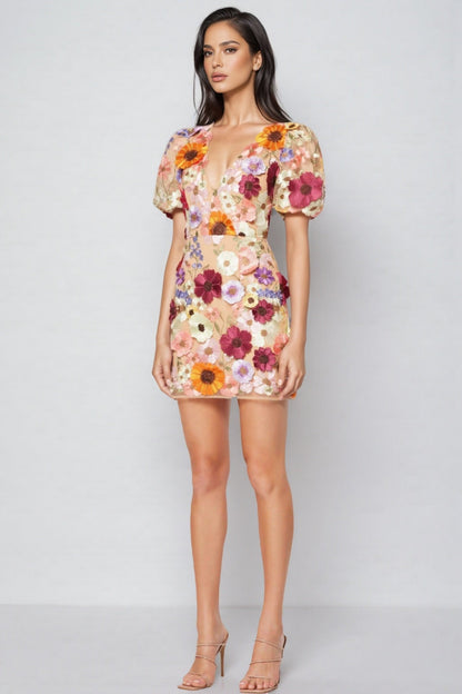 Brea V-neck 3d Printed Mini Dress